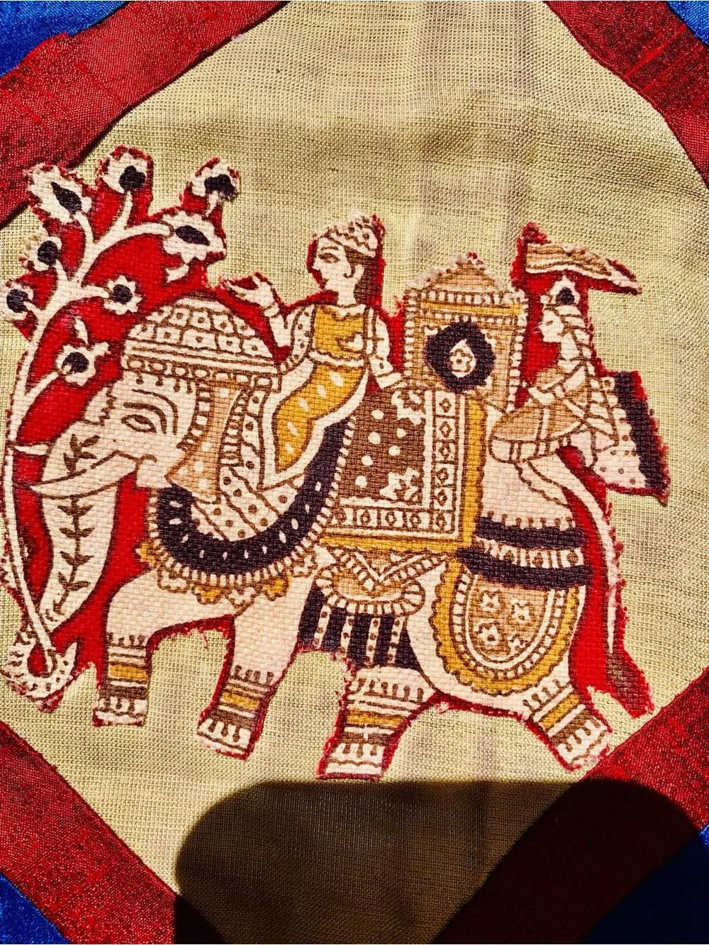 Silk Embroidered Elephant Crossbody bag in Blue, Red & Cream